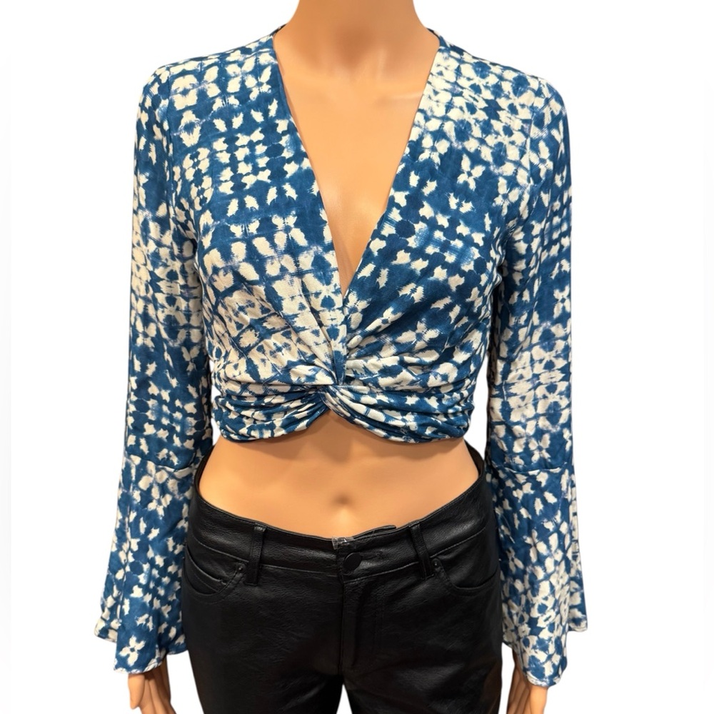 ZARA Long Flair Sleeve Tie Dye Print Front Knot Boho Retro Crop Top NWT XS